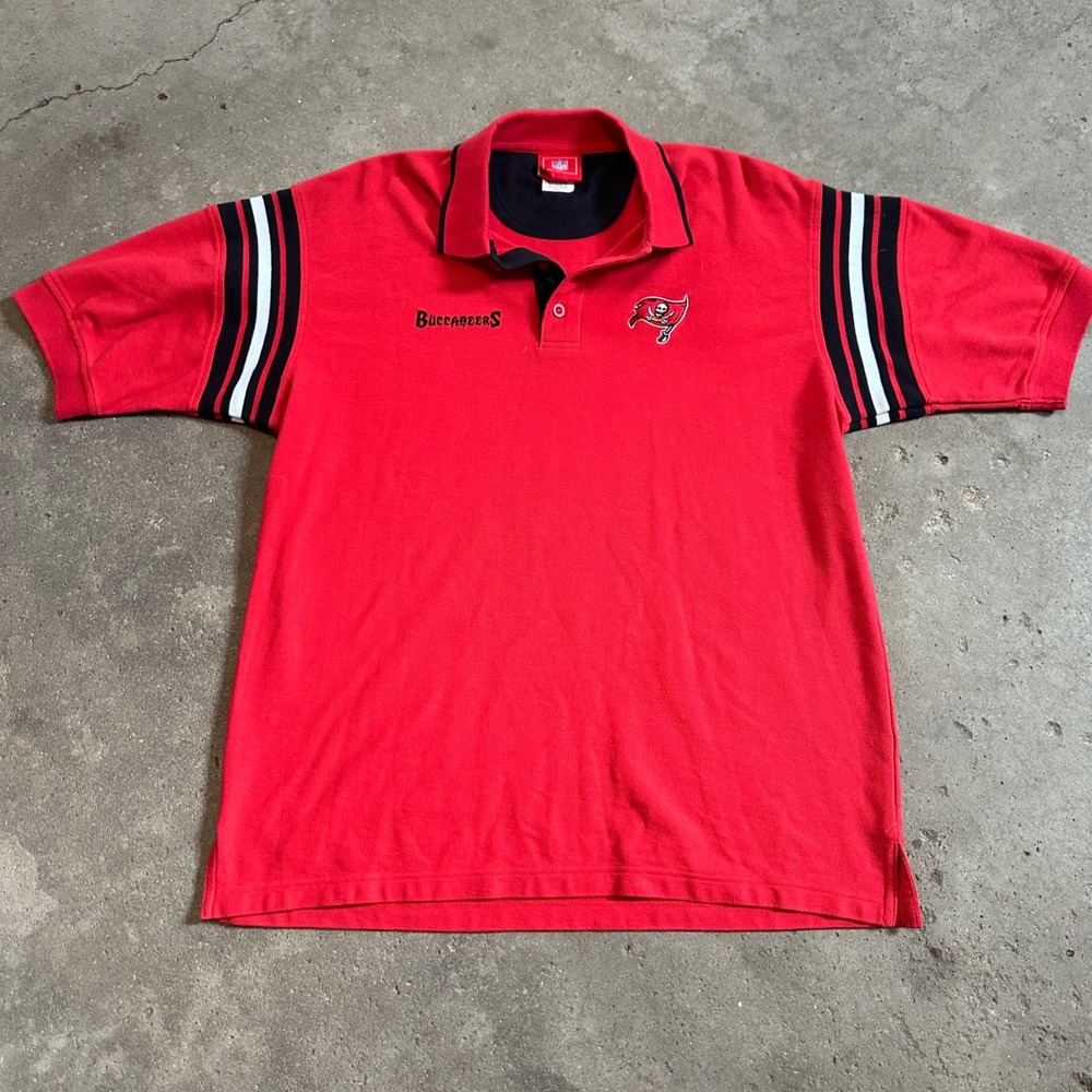 Vintage‎ 90s NFL Polo Shirt Mens L Red Tampa Bay Buccaneers Embroider Striped